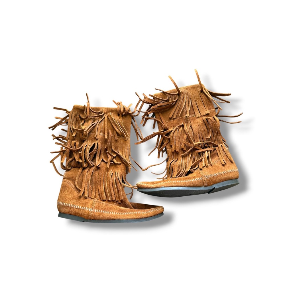 Minnetonka 1632 3-Layer Fringe Boots Womens 7 Tan Suede Moccasin Boho Western